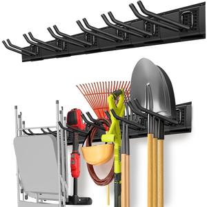 PIYILO Garage Organization, Garage Wall Organizer with 48 inches Rails and 6 Hooks, Tool Organizers Heavy Duty, Shovel Holder Wall Mount Max Load 360 LBS, Sturdy Garden Tool Rack for Folding Chairs