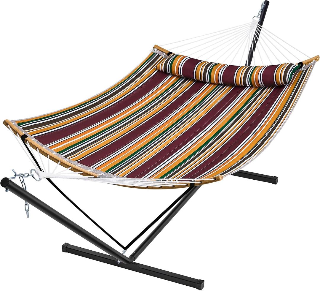 SUPERJARE Hammock with Stand, 2 Person Heavy Duty Hammock Frame, Detachable Pillow & Strong Curved-Bar & Portable Carrying Bag, Perfect for Outdoor & Indoor - Maple-Leaf Red