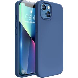 Miracase Designed for iPhone 13 Case, with Tempered Glass Screen Protector, [Soft Anti-Scratch Microfiber Lining], Shockproof Liquid Silicone Rubber Phone Case Cover for 13 6.1 inch, Glass Blue