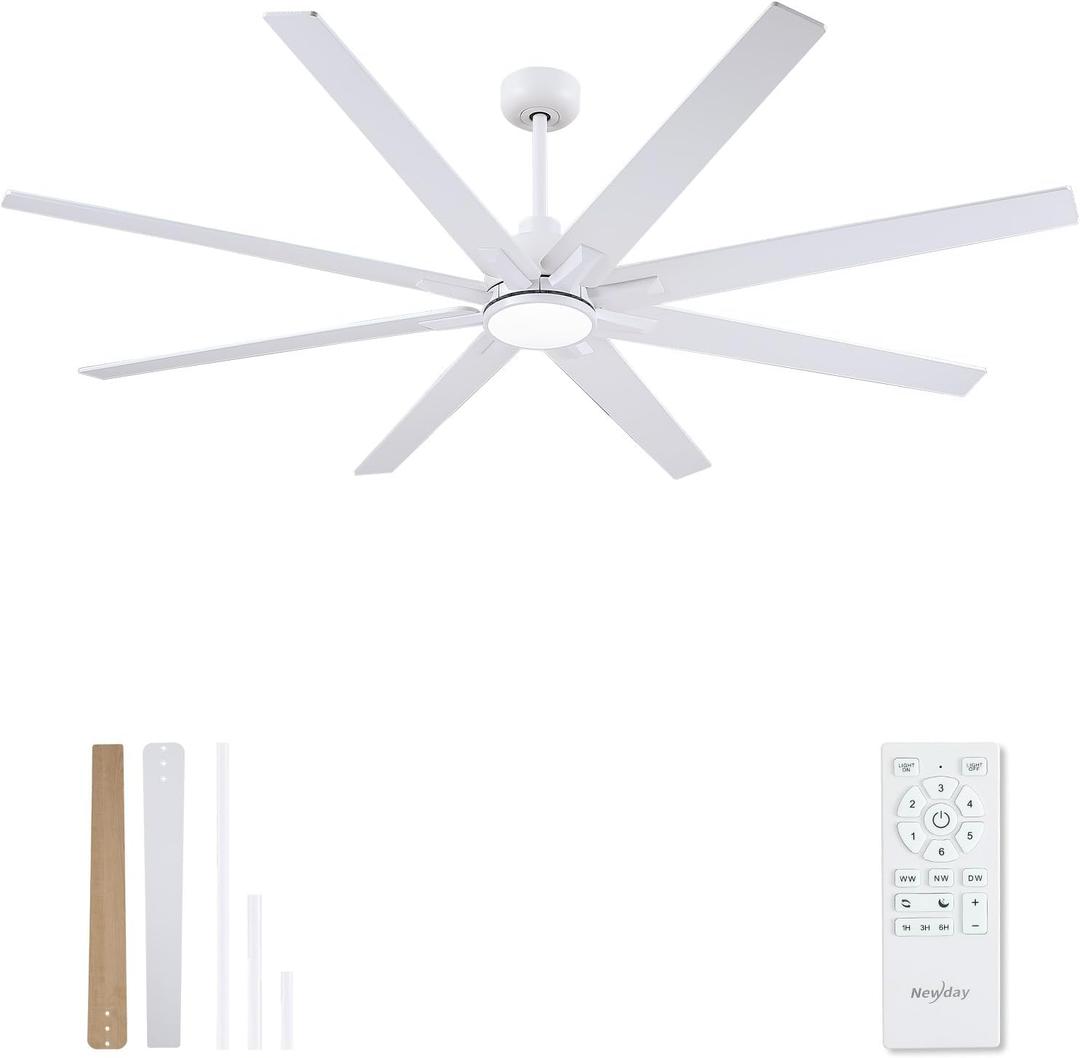 Newday 72 inch Large Ceiling Fans with Lights and Remote, Indoor/Outdoor White Ceiling Fan for Living Room Patio, 6 Speeds Silent Reversible DC Motor, 3CCT, Timer, 3 Downrods, 8 Blades