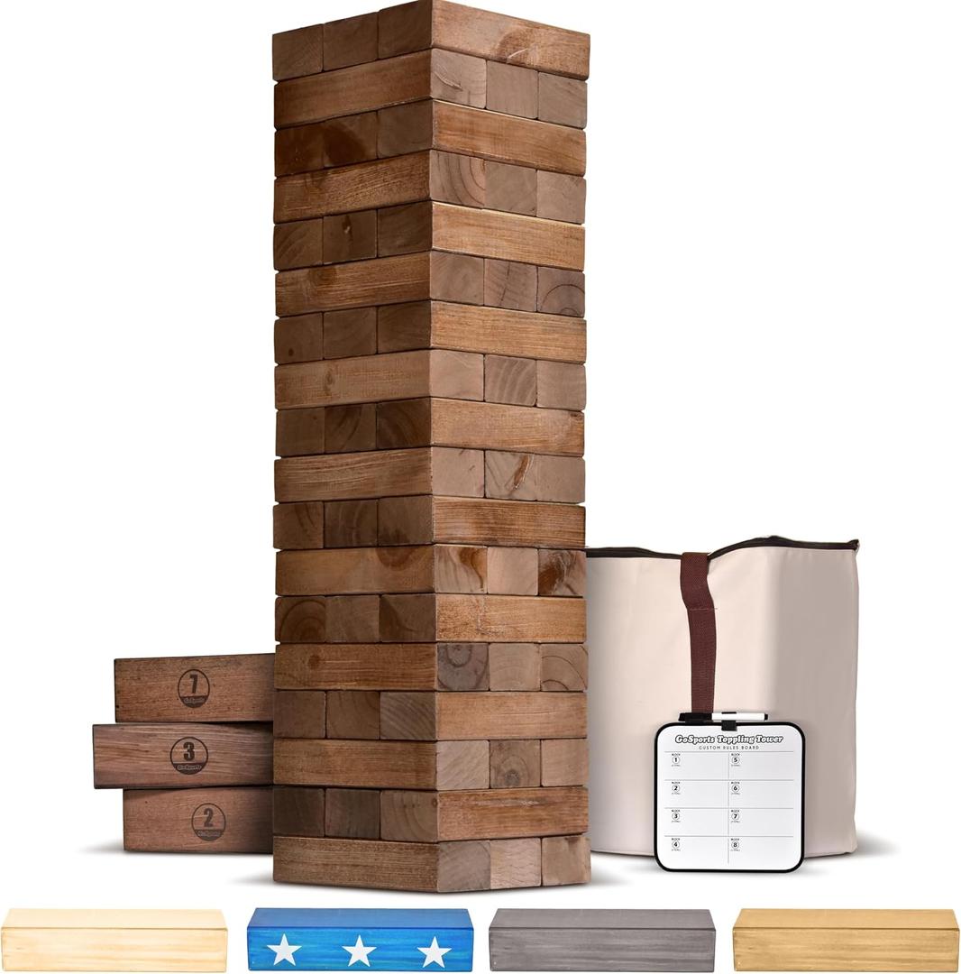 GoSports Giant Wooden Stacking Game - Stacks Up to 5 ft - Choose Brown Wood Stain, Gray, Natural, Stars & Stripes, or Tropical Hardwood - Toppling Tower, Large