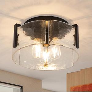 JERANDO Black Semi Flush Mount Ceiling Light Fixture, Modern Glass Drum Ceiling Lights, 3Light Hallway Light Fixtures for Kitchen Island, Bedroom, Bathroom, Laundry Room, Entryway