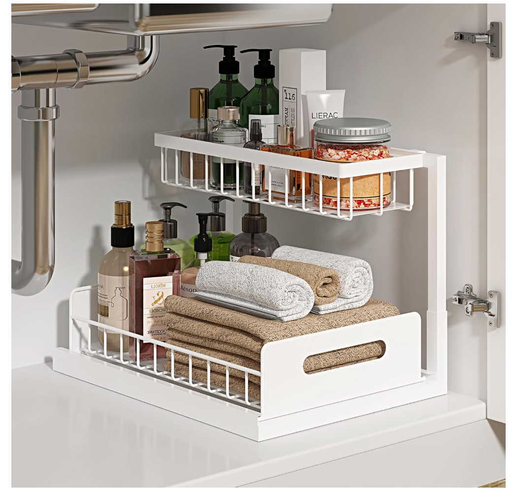 REALINN Under Sink Organizer, Pull Out Cabinet Organizer 2 Tier Slide Out Sink Shelf Cabinet Storage Shelves, Under Sink Storage for Kitchen Bathroom Cabinet, White, 1 Pack