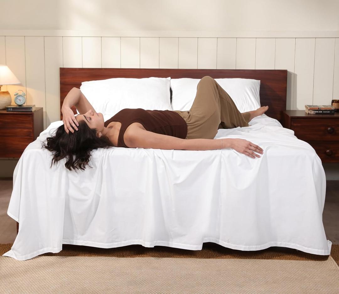 RUVANTI 100% Cotton Percale Sheets King Crisp Cooling Summer Bed Sheets for Hot Sleepers, Deep Pocket 14, Soft Peach Finish, Breathable & Durable Hotel-Style 4 Piece Set, Bright White