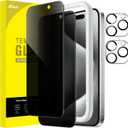 JETech Privacy Screen Protector for iPhone 15 Pro 6.1-Inch with Camera Lens Protector, Anti-Spy Tempered Glass Film, Easy Installation Tool, 2-Pack Each