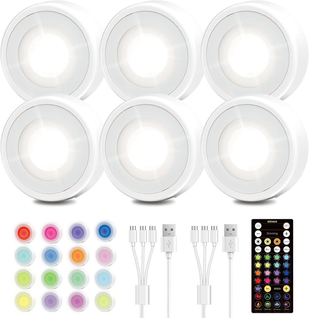 EZVALO LED Puck Lights, 6Pack Rechargeable Battery Touch Light, 2.5'' Mini Tap Lights, Wireless Closet Light, Under Cabinet Lighting, 3 Color & 16 RGB, Sitck On Lights for Kitchen,Pantry,Shelves (White)