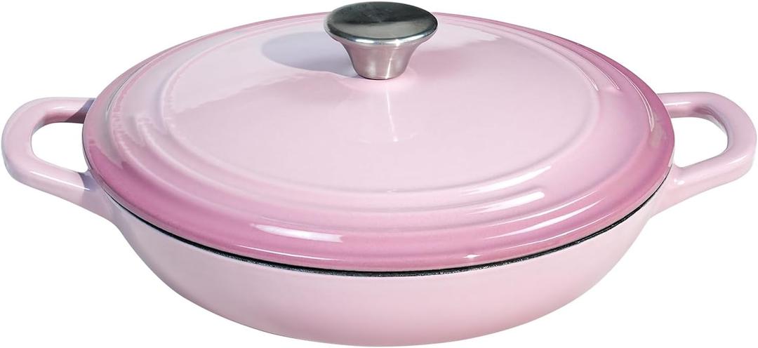 Flavehc Braiser Enameled Cast Iron Braiser 2.25 qt Braiser Pan with Lid Pink Shallow Cast Iron Casserole Braiser Pan with Handles