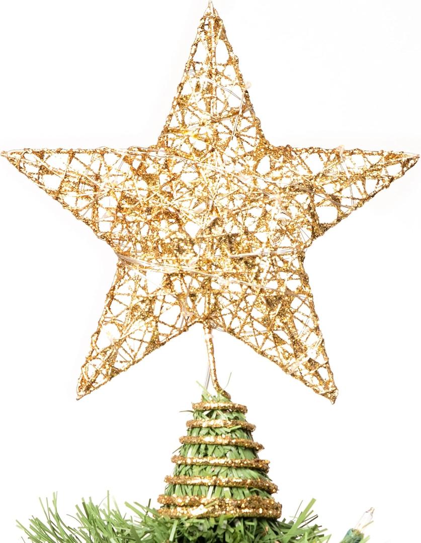 Joiedomi 8 inch Christmas Gold Glitter Star Tree Toppers Metal Lighted with 20 LED Lights for Xmas Decorations, Holiday Party Indoor Decor