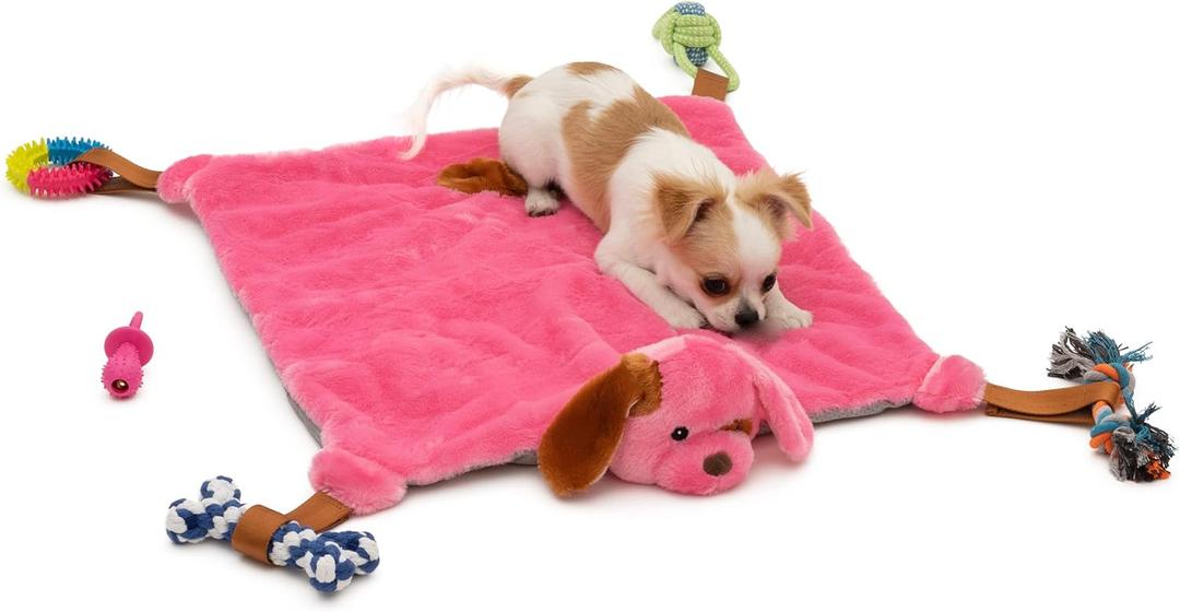 Puppy Play Mat - Pink for Small Breeds, 23'x20' Dog Mat with Detachable Teething Toys and Ropes