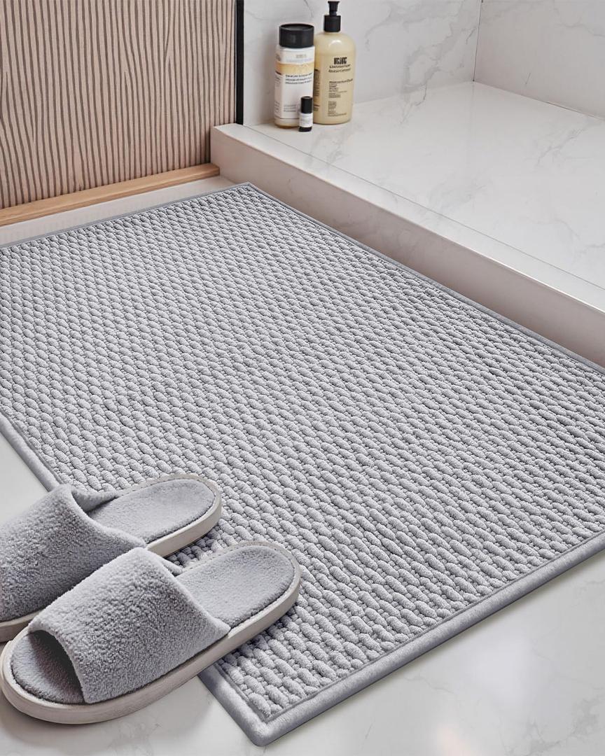 Color&Geometry Bathroom Rugs with Rubber Backing, Non Slip Machine Washable Bath Mat, Soft Absorbent Chenille Boho Carpet for Bathroom Floor, Tub and Shower,17"x29", Light Grey