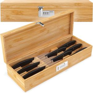 Upgraded Combination Lock Bamboo Locking Kitchen Knife Storage Secure & Eco-Friendly Wooden Knife Box with Improved Quality, Fits in Drawers & Keeps Knives Safe