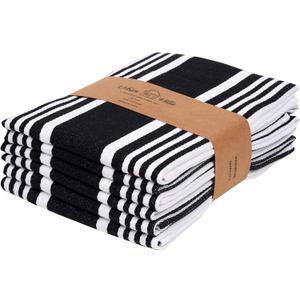 Urban Villa Kitchen Towels 100% Cotton Pack of 6, Highly Absorbent Quick Drying Super Soft Premium Dish Towels for Kitchen with Hanging Loop Hand & Tea Towels - 20x30 Inch, (Black & White, Striped)