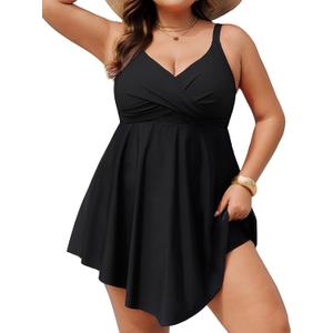 Hanna Nikole Women Plus Size One Piece Swim Dress Tummy Control Swimsuits Twist Front Bathing Suit Body Shaping Swimwear (Black, L)