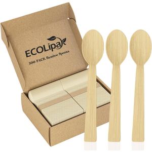 ECOLipak 300 Count Bamboo Spoons Disposable, 6.7 Inch No Splinters Heavy Duty Bamboo Disposable Compostable Spoons for Party, Wedding, Camping, Traveling, Family Dinners, Large Events