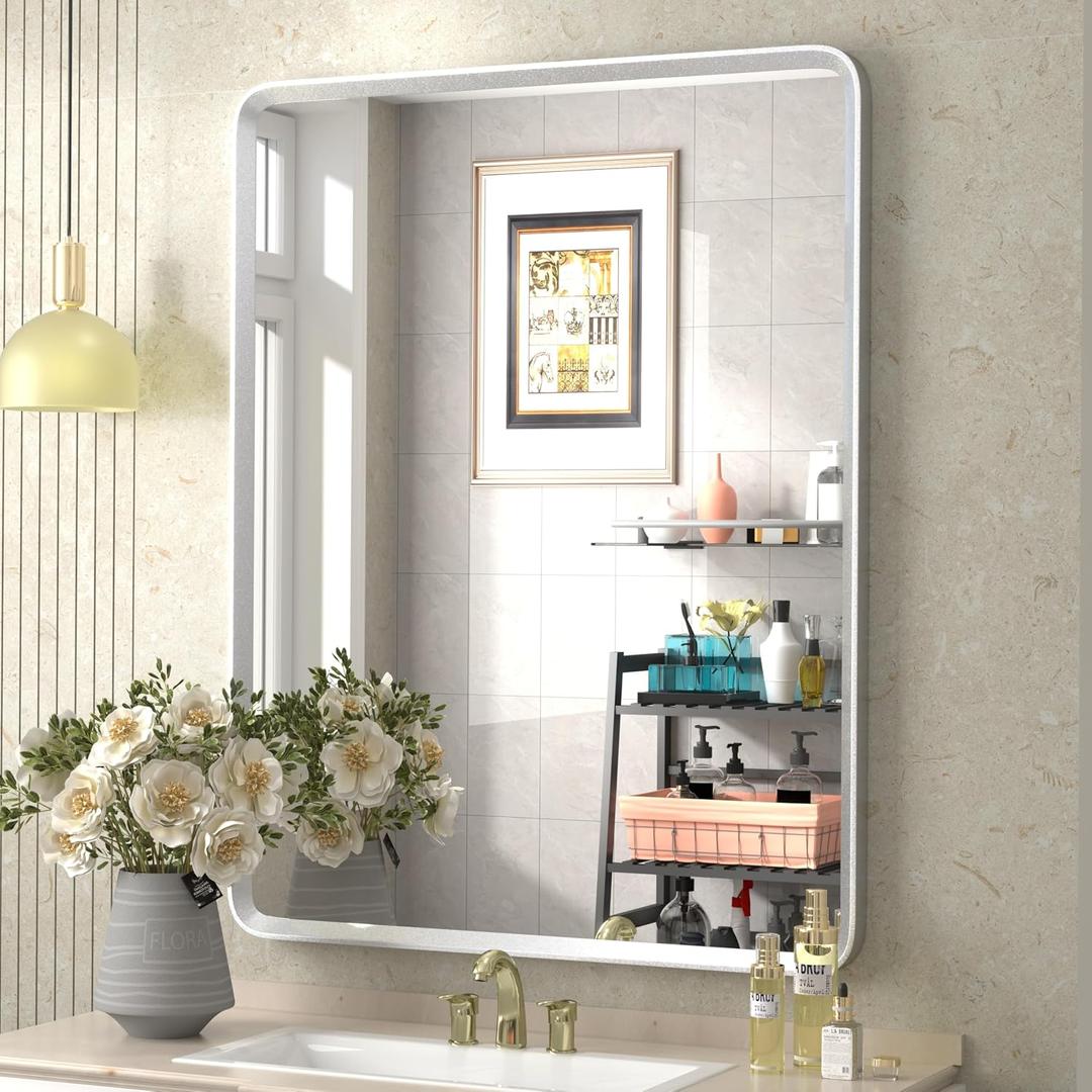 28x36 Brushed Silver Mirror for Bathroom, Nickel Silver Metal Framed Vanity Mirror with Beveled Border, Round Corner, Shatterproof, Anti-Rust (Horizontal/Vertical)