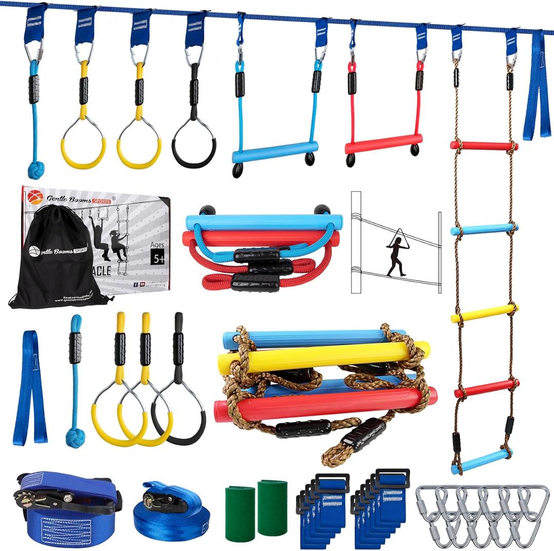 Ninja Warrior Obstacle Course for Kids, 256ft Slackline Kit with 8 Ninja Accessories - Monkey Bar, Rope Ladder, Gymnastic Ring, Arm Trainer and Monkey Fist