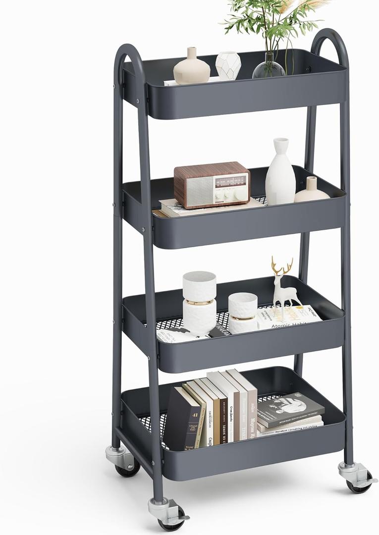 OLIXIS Metal 4 Tiers Utility Rolling Cart, Mobile Storage Shelf with Lockable Caster Wheels, Organization for Livingroom, Bathroom & Narrow Places, 4-Tier Gray