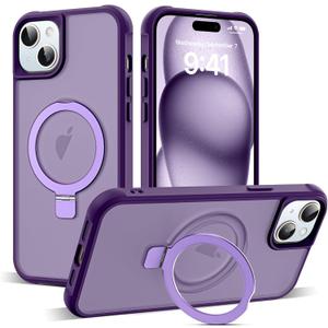 Compatible with iPhone 15 Case with Invisible Magnetic O-Ring Stand Military-Grade Translucent Case for iPhone 15 6.1" [Compatible with Mag-Safe][Great Grip Feeling], Purple
