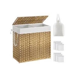 SONGMICS Laundry Hamper with Lid, 37 Gallons (140 L), Rolling Laundry Basket with Wheels, 3-Section Synthetic Rattan, Removable Liner, Natural