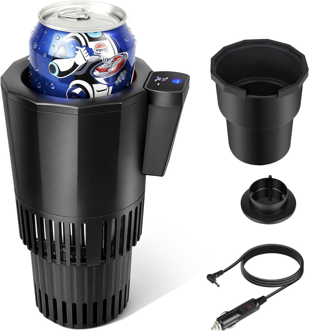 2 In 1 Auto Cooling And Heating Car Cup Holder with Insulation Lid for Car Coffee Warmer Cup Cooler & Mug Warmer, Portable Can Cooler 12V Fridge Travel Coffee Mug Quick Heating Cooling,1PC Pack,Black