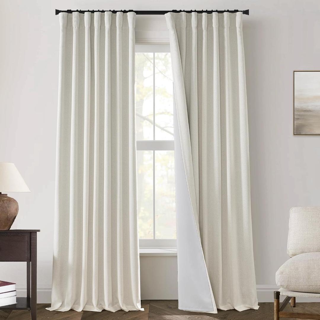 Cream Linen Blackout Curtains 84 Inches Long, Ripple Fold Pleated Cottage Core Curtains for Bedroom, Ivory Colored Back Tab or Rod Pocket Black Out Thermal Insulated Drapes for Living Room Livingroom (50"W x 84"L (Pack of 2))
