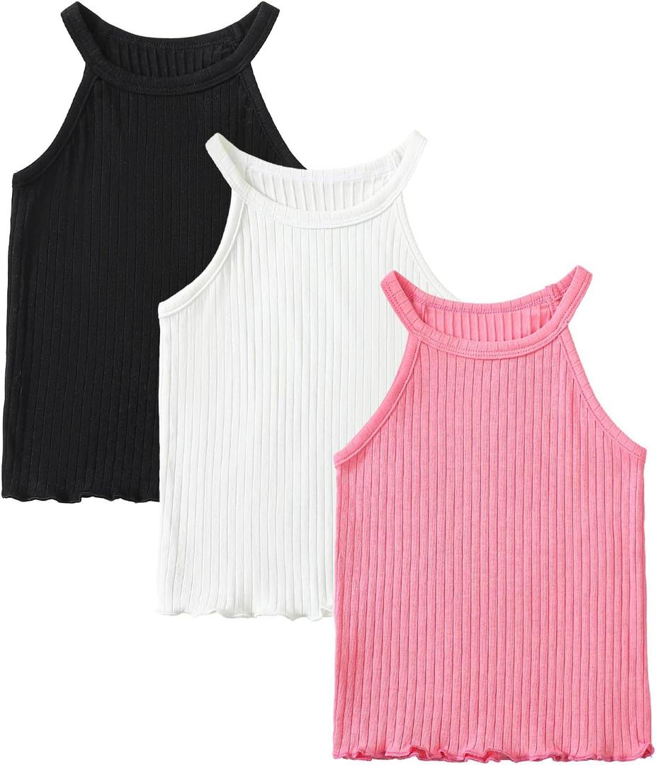 ROMPERINBOX Toddler Tank Tops Girls 3 Pack Ribbed Knit Multipacks Halter Top Camisoles Undershirt (Black/White/Hot Pink,7Y)