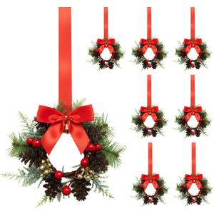 Janinka 8 Pcs Mini Christmas Wreath Small Cabinet Wreaths for Kitchen with Pine Berry Ribbon Bow Mini Christmas Farmhouse Decor for Holiday Xmas Party Porch Wall Window Door 7.87"(Pinecone Style)