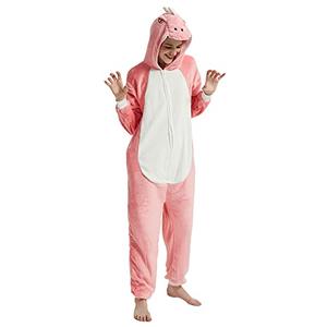 CALANTA Dinosaur Onesie Unisex Adult T-Rex Dragon Animal Costume Women Plush Pajamas One Piece Cosplay Halloween Christmas.Pink.M