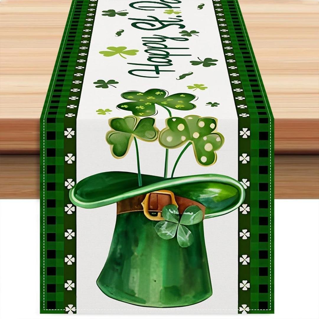 2 x St Patrick's Day Table Runner 13*72 inch,Green Lucky Shamrock Clover Table Runner Seasonal Spring Holiday Plaid Farmhouse Kitchen Dining Table Decoration for Indoor Outdoor Home Party Decor
