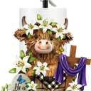 Chunful Easter Highland Cow Metal Paper Towel Holder, 12.6 Inch Tall He is Risen Religious Kitchen Decor with Cross & White Floral, Non-Slip Round Base for Bathroom Countertop or Christian Gift