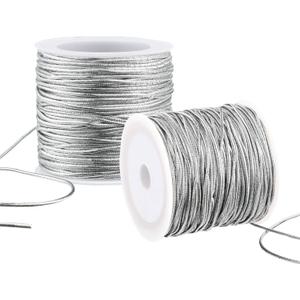 2 Rolls Metallic Elastic Cords Stretch Cord Ribbon Metallic Tinsel Rope for Craft Making Gift Wrapping, 1 mm 55 Yards (Silver)