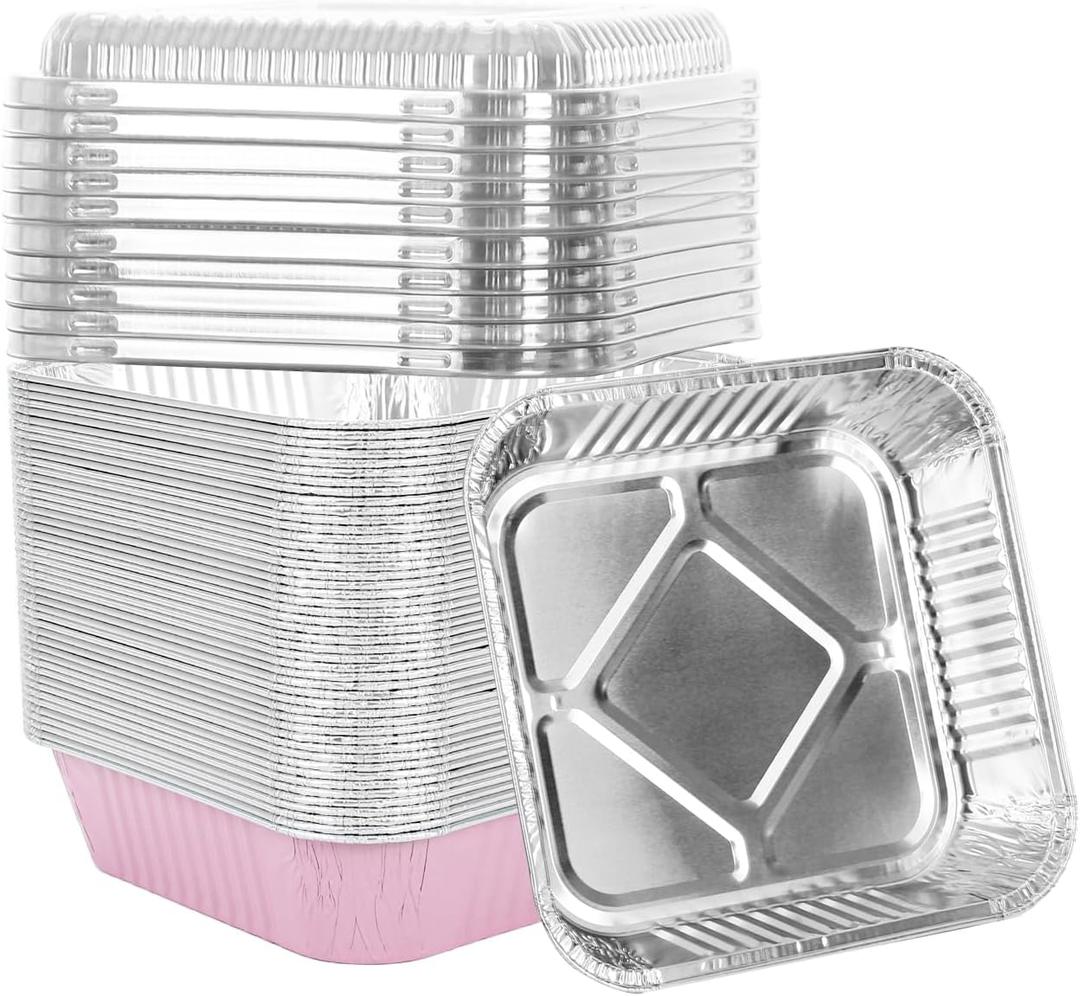 50 Pack 8"x8" Aluminum Pans with Plastic Lids,Disposable Tin Foil Pan For Cooking Baking Cakes Breads Square Food Containers for Heating Roasting Preping Storing,Pink