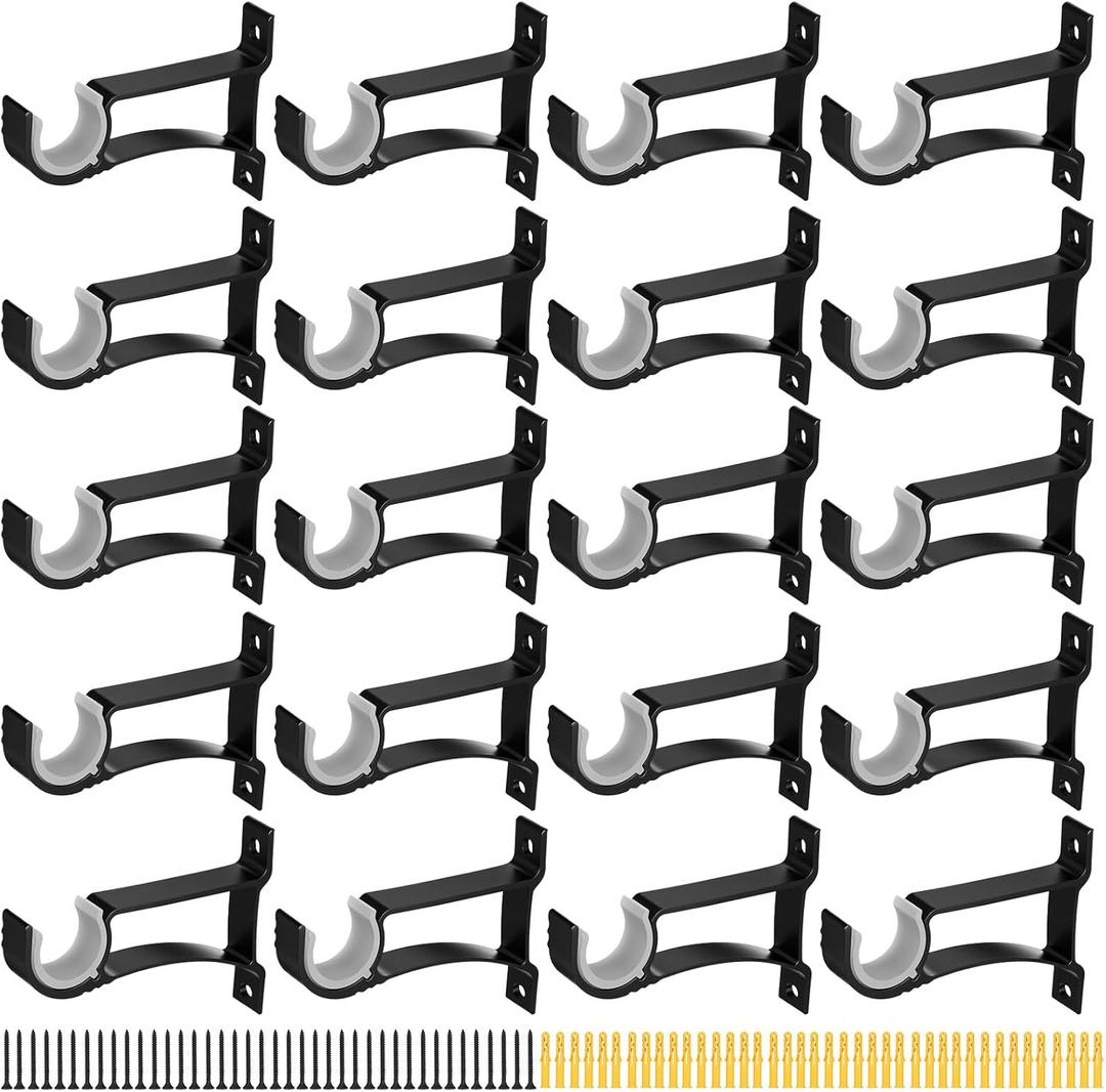 20-Pack Heavy Duty Black Curtain Rod Brackets Aluminum Alloy & PVC Wall Mount Hooks for 1 to 1.2 Drape Rods Rust-Proof, Sturdy Support for Indoor/Outdoor Use