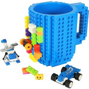 Build-on Brick Coffee Mug, Funny DIY Novelty Cup with Building Blocks Creative for Kids Men Women Xmas Birthday (Blue)