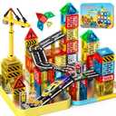 Magnetic Tiles - Construction Toys, Road Set Outdoor Travel Toys with Magnetic Crane & Car for Boys Age 3-5 4-8 8-10, Mini Magnet Building Blocks with Crane, Road, Traffic Lights, STEM Sensory Gifts