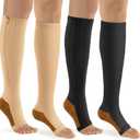 bropite Zipper Compression Socks Women & Men - 2Pairs Calf Knee High 15-20mmHg Open Toe Compression Stocking suit for Walking (Small-Medium, Black/Beige Copper Open Toe)