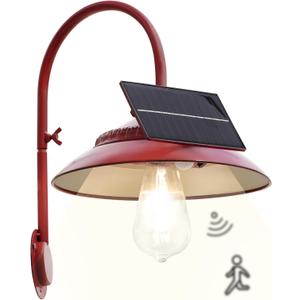 Goodeco Solar Barn Light with Motion Sensor - Metal Design Outdoor Lights - 2 Working Modes & A Big Solar Panel with Clear Glass LED Edison Bulb, Glow White, Yard & Housewarming Gifts (Red)