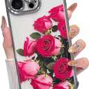 Yeddabox Compatible for iPhone 15 Pro Max Case, Clear Rose Flower Electroplated Cover with Airbag Shockproof Slim Soft TPU Phone Case for Women Girls, Sliver