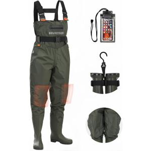 HUNTSEN Fishing Waders for Men Women - 2-Ply Nylon/PVC Waterproof Hunting Chest Waders with Boot Hanger&Phone Case, Size: Men's 12 (Green)