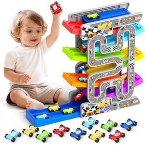aotipol Toddler Toys for 2 3 Year Old Boy Girl, Double-Track Car Ramp Toy with Pull-Out Parking Lots & 10 Mini Cars, Montessori Toy Birthday Gifts for Toddlers Boys Girls Age 18+ Month Old, New Track