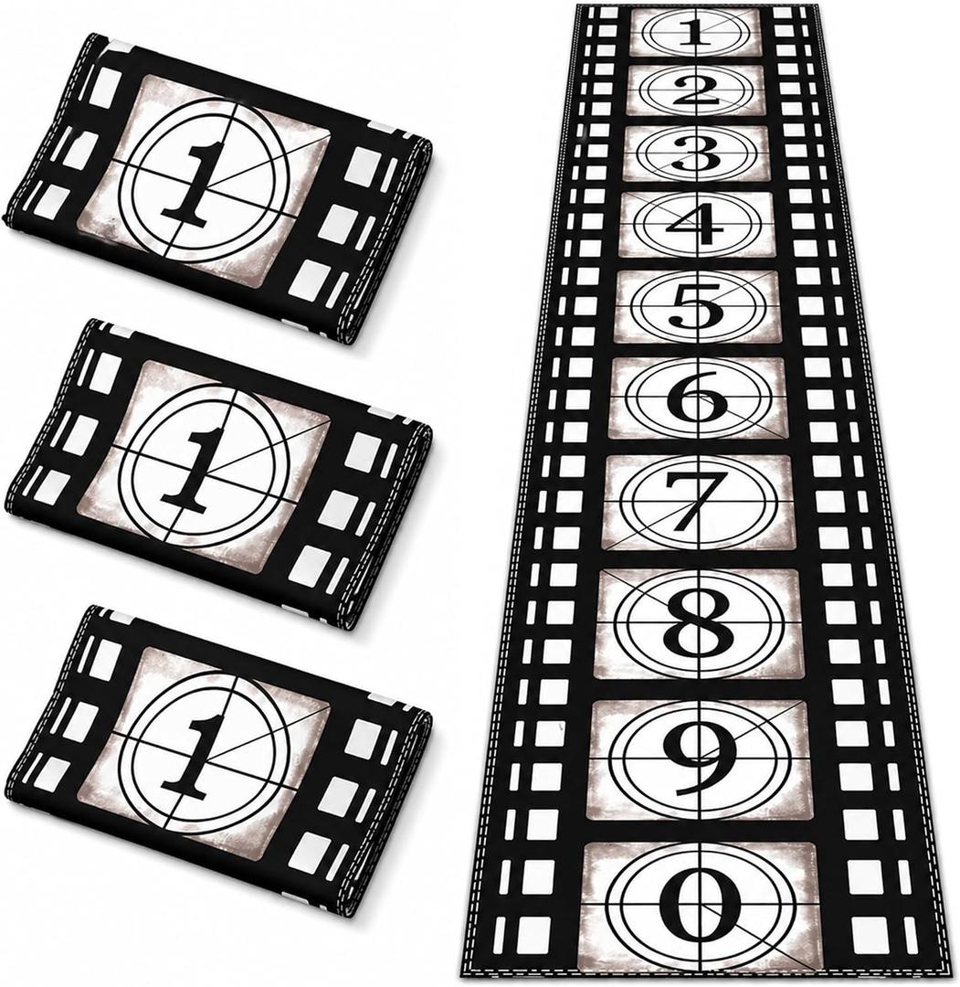 3 Pcs Movie Night Table Runner, 14.5x73.6 Inch, Double Stitched Filmstrip Pattern, Black & White Film Reel Design for Movie Night, Kitchen Party, Birthday, Oscar Themed Events