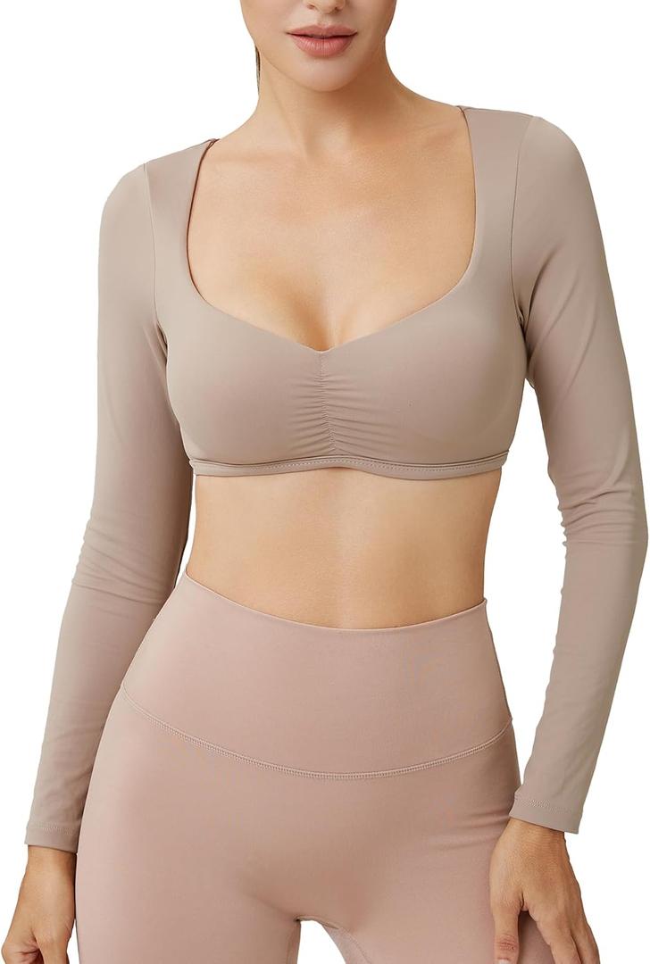Women's Built-in Pads Long Sleeve Crop Top, Sports Bolero Workout Shrug with Ruched Chest Tee Shirt (M)