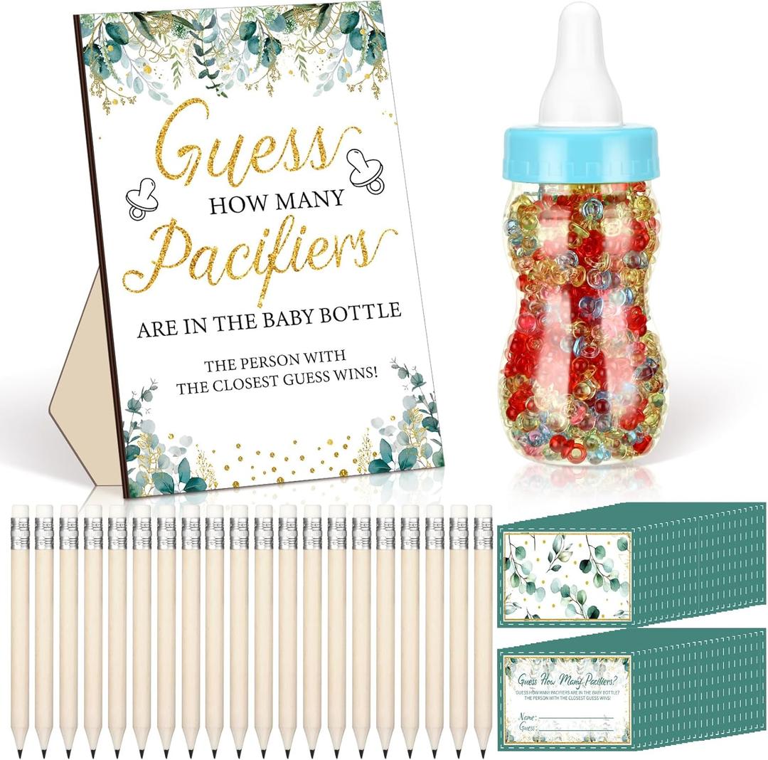 Syhood Greenery Baby Shower Games Guess How Many Pacifiers Sage Game Sign 50 Small Guessing Games 20 HB Pencils 750 ml Milk Bottle 400 Acrylic Pacifiers Decorations Guests Gender Reveal Party Favors