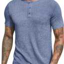 Men's Polyester Blend Slim Fit Short Sleeve Casual Henley Shirt (Blue, XL)
