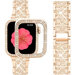 SUPOIX Compatible with Apple Watch Band 45mm + Case, Women Jewelry Bling Diamond Metal Bands & 2 Pack Protective Cover Cases for iWatch Series 9/8/7(Rose Gold)