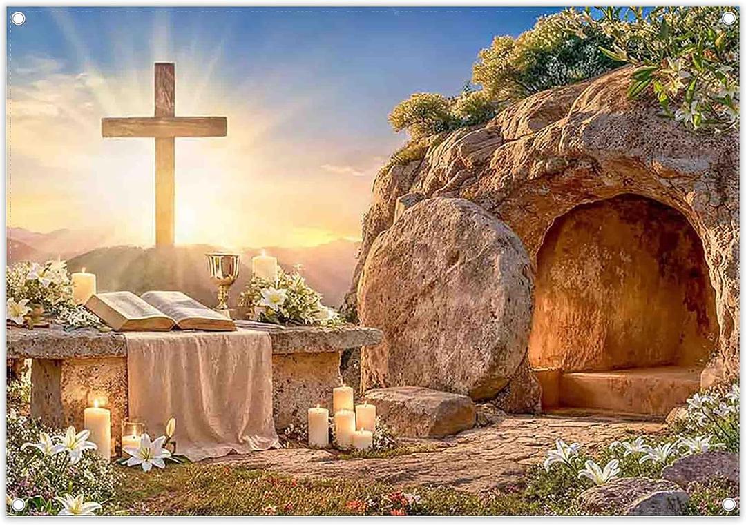 Fabric 7x5ft Easter Jesus Empty Tomb Photography Backdrop He is Risen Christ Cross Resurrection Holy Light Stone Background Christian Church Party Decorations Photo Props