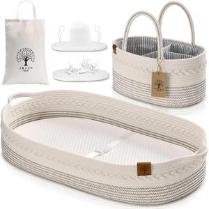 Baby Changing Basket Includes Diaper Caddy - Breathable & Waterproof Dual-Cover, Portable, Changing Pad for Dresser & Changing Table, Gift for Baby Shower, Cotton Rope Basket for Baby (Off-white), Small