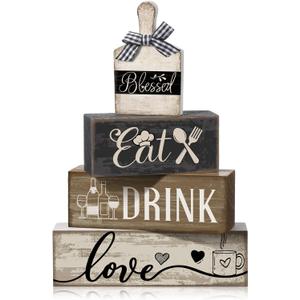 Moucuny 4 Pcs Farmhouse Kitchen Decor Wooden Plate Farmhouse Table Decor Black Brown and White Plate Tableware Centerpiece Rustic Decorative Plates Block Sign for Display Cabinet Kitchen Decoration