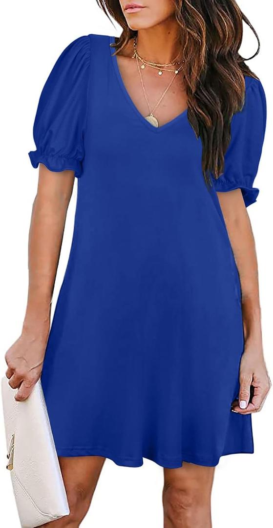 Aloodor Women's Casual Dresses Short Sleeve V-Neck Dress with Pockets (Blue, XL)