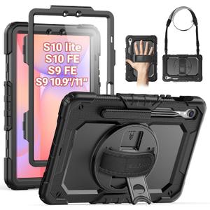 SEYMAC Case for Samsung Galaxy Tab S10 Lite/ S10 FE/ S9 FE/ S9 5G (10.9''/11''), Heavy Duty Shockproof Protective Case with Screen Protector, Rotating Stand, Hand Strap and Pen Holder, Black